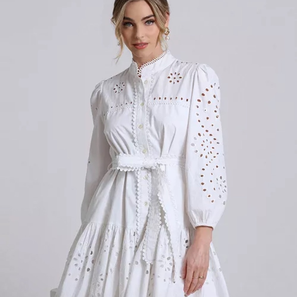 Avec Les Filles White Long Sleeve Eyelet Dress